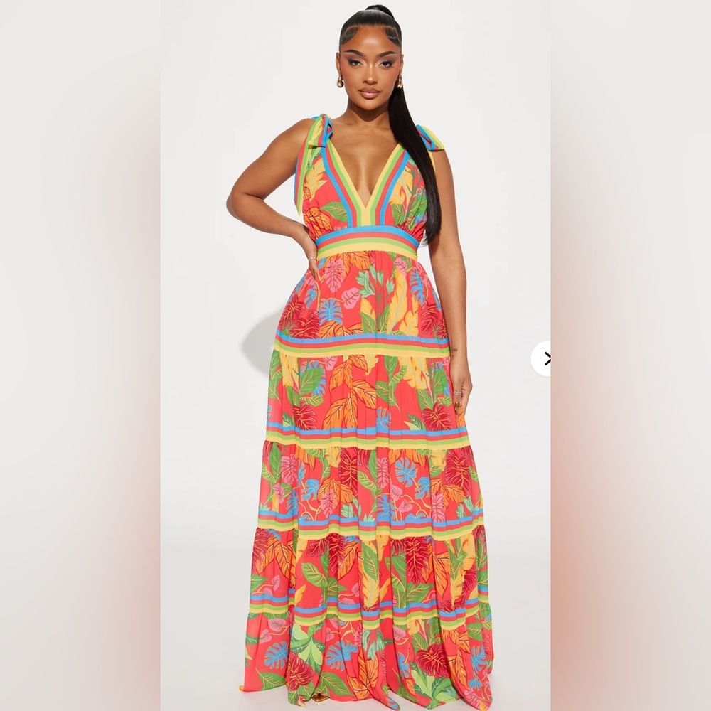 Fashion Nova Multicolor Tiered Floral Chiffon Tie Shoulder Maxi Sundress Vaca